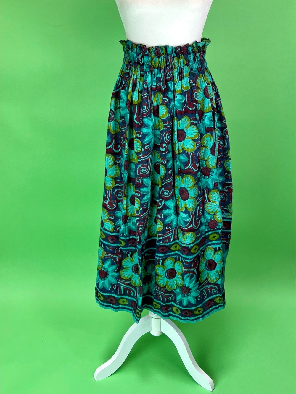 Vintage Teal Floral Block Print Cotton Skirt with Bunched Waist - Size S/M/L